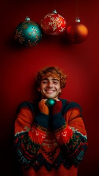 portrait of a young man holding a christmas ornament against a red minimalist background