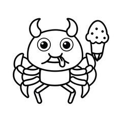 Cute crab holding ice cream cone enjoying summer treat on white background Line art