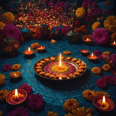 Diwali Decoration with Candles and Flowers on Turquoise Fabric for Celebration