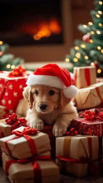small golden puppy wearing a christmas hat surrounded by gifts and decorations on christmas eve with a christmas tree