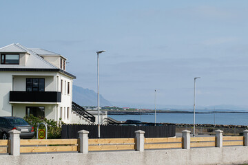 Coastal view from a residential area near Akranes, Iceland with peaceful surroundings