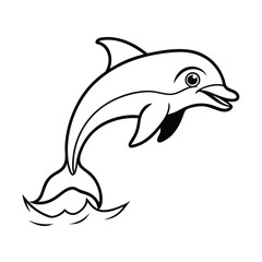 Cute dolphin jumping out of water with joyful splash on white background Line art