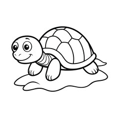 Cute turtle crawling slowly across warm sand on white background Line art