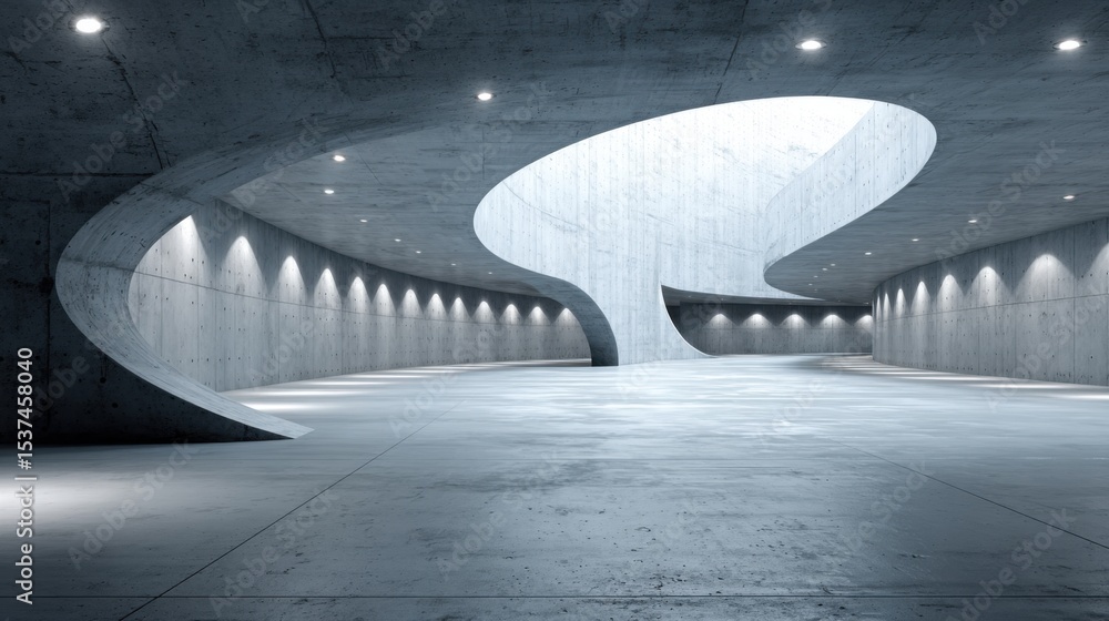 Poster spacious interior showcases a modern concrete structure with smooth curves and gentle lighting. the 