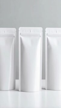 Three plain white doypacks standing upright against a light grey background for product mockups and presentations.