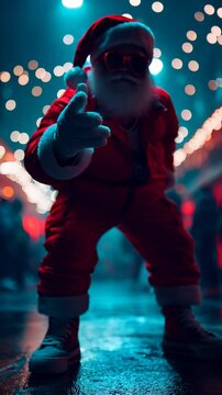 santa claus with sunglasses dancer style and neon lights at a disco party during christmas