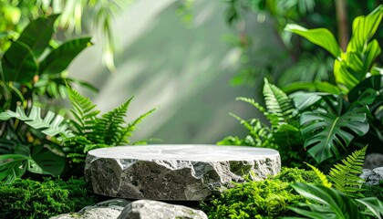 Gray Stone Platform Amid Lush Green Tropical Foliage