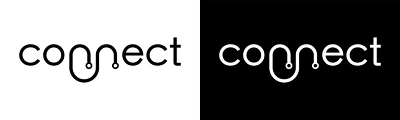 Connect Logo design. Modern wordmark connect with technology elements logo design. In black and white version vector illustration.