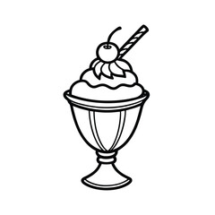 Ice cream sundae topped with cherry on bright sunny day on white background Line art