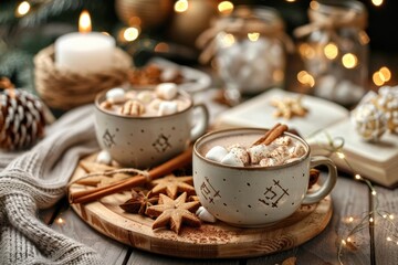 Christmas hot chocolate with marshmallows, cinnamon, cookies, and festive decorations create a warm and inviting holiday scene