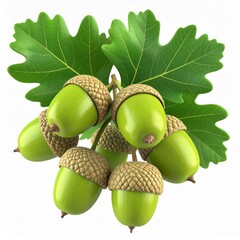 Green Acorns and Oak Leaves on White Background