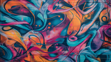 Obraz premium A vibrant brick wall is covered in colorful graffiti with bold pink, yellow, and blue abstract patterns. 