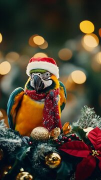 a parrot with a christmas hat and decorations on a christmas tree during christmas eve with fun pets