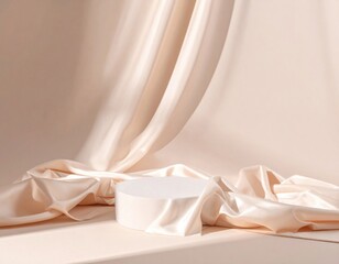 Beige Silk Fabric Draped on White Cylindrical Display
