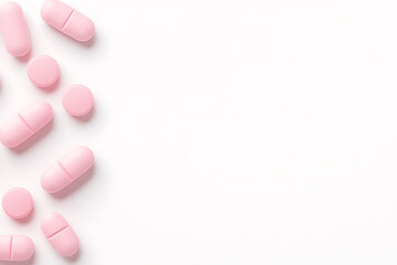 Minimalist pink pills on white background. Healthcare and medical concept for medication, supplements, or vitamins. Bright and clean aesthetic.