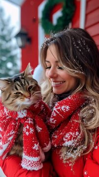 a blonde woman in a red winter outfit holding a cat in her arms outdoors during the christmas eve season