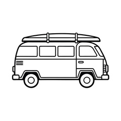 Retro beach van with surfboards loaded on roof on white background Line art