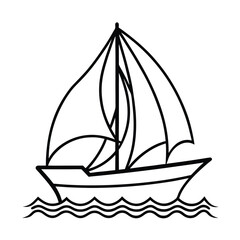 Sailboat with billowing sails gliding across calm sea on white background Line art