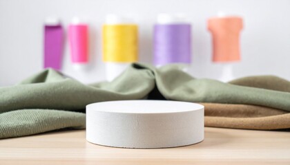 Naklejka premium White Round Product Display with Green and Brown Fabrics