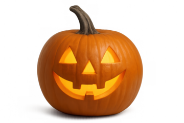 Halloween pumpkin featuring glowing eyes and mouth, isolated against a transparent background, creating a spooky and festive atmosphere