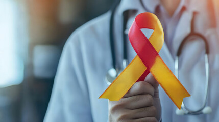 World Hepatitis Day. Doctor with yellow-red awareness ribbon on blurred background, closeup