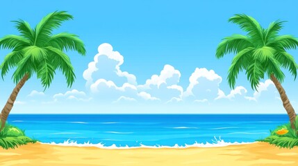 Fototapeta premium Tropical beach scene with palm trees and a clear sky.