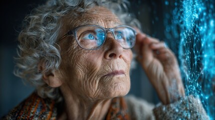 An elderly woman with curly gray hair and glasses contemplates digital projections in a dimly lit room, highlighting her curiosity about technology and its impact on society.