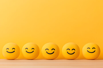 Five yellow smiley faces lined up on a wooden surface against a bright yellow background evoke happiness and positivity in a simple, cheerful display.
