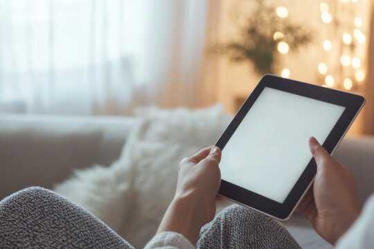 A cozy corner in a minimalist apartment with a person reading an e-book on a tablet, with soft lighting and simple decor, Digital lifestyle scene
