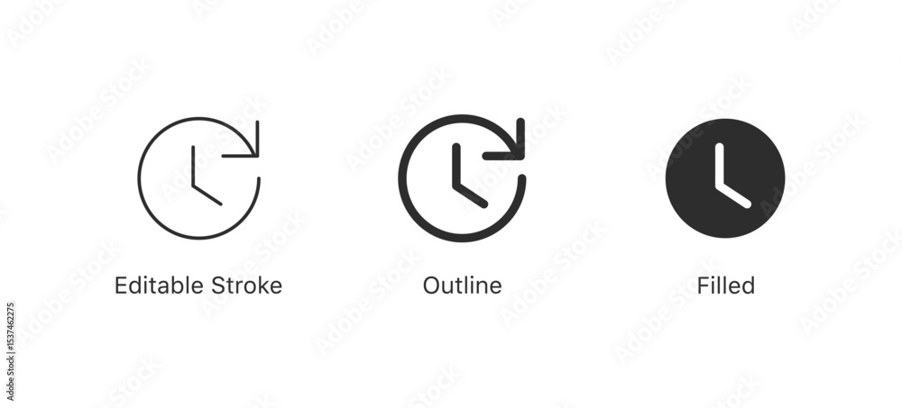 Poster Clock and time icons with rotate, sync, refresh arrows | in editable stroke, outline, and filled styles | for timeline, undo, and historical data interfaces in apps and web