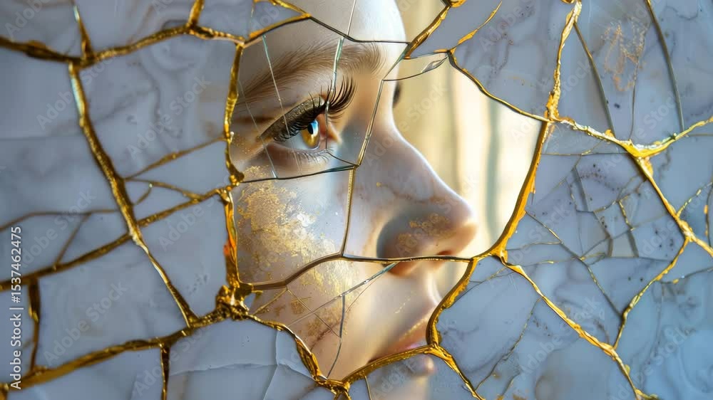 Poster exploring the beauty of broken art through a close-up of a delicate face captured in fractured glass