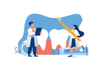 Dentist composition with doodle style human characters of dental doctors vector illustration. Friendly dentist examining
