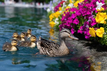 Mother duck swims with ducklings near colorful flowers in a serene pond setting
