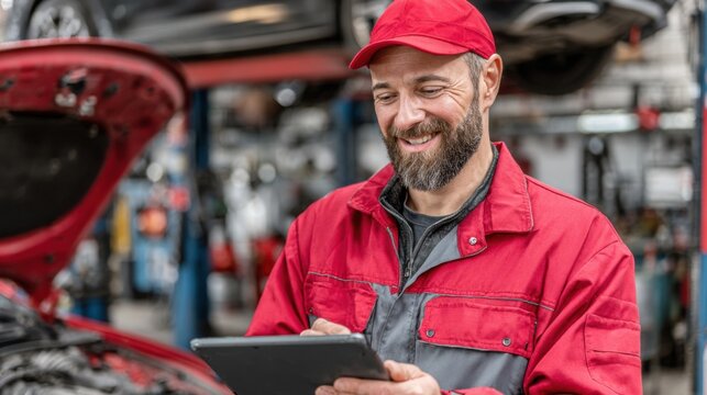 A mechanic with a beard and red cap smiles warmly while using a tablet in an auto repair shop. Vehicles are being serviced in the background, showcasing a busy workshop atmosphere. - Powered by Adobe