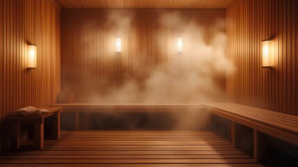 Interior of Finnish sauna, classic wooden sauna with vapor | hotel, spa, travel concept