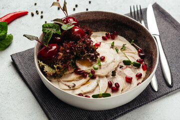 Georgian cuisine dish in a restaurant on a light background