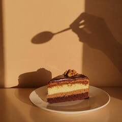 Slice of Cake with Shadow of Hand Holding Spoon