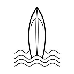 Surfboard standing upright in sand with waves behind on white background Line art