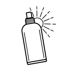 Sunscreen bottle glowing with sun rays icon for summer on white background Line art