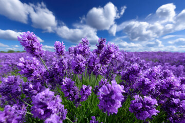 Obraz premium Beautiful lavender field under a vibrant blue sky with fluffy clouds during daytime