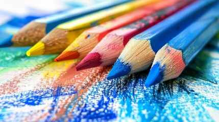 Close-up of an array of colored pencils against a chalky backdrop.
