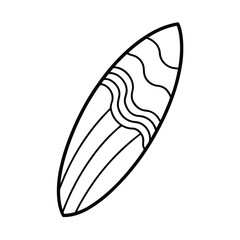 Surfboard featuring wave pattern on bright sunny beach on white background Line art