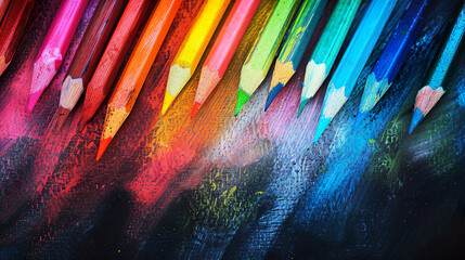 Close-up of an array of colored pencils against a chalky backdrop.