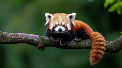 Adorable red panda perched on a branch, looking directly at the camera with its distinctive fur pattern and expressive eyes. Lush green foliage in the background.