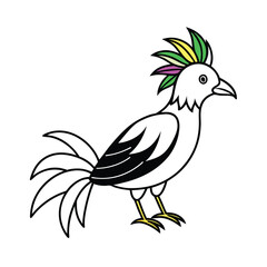 Tropical bird displaying colorful feathers in natural light on white background Line art