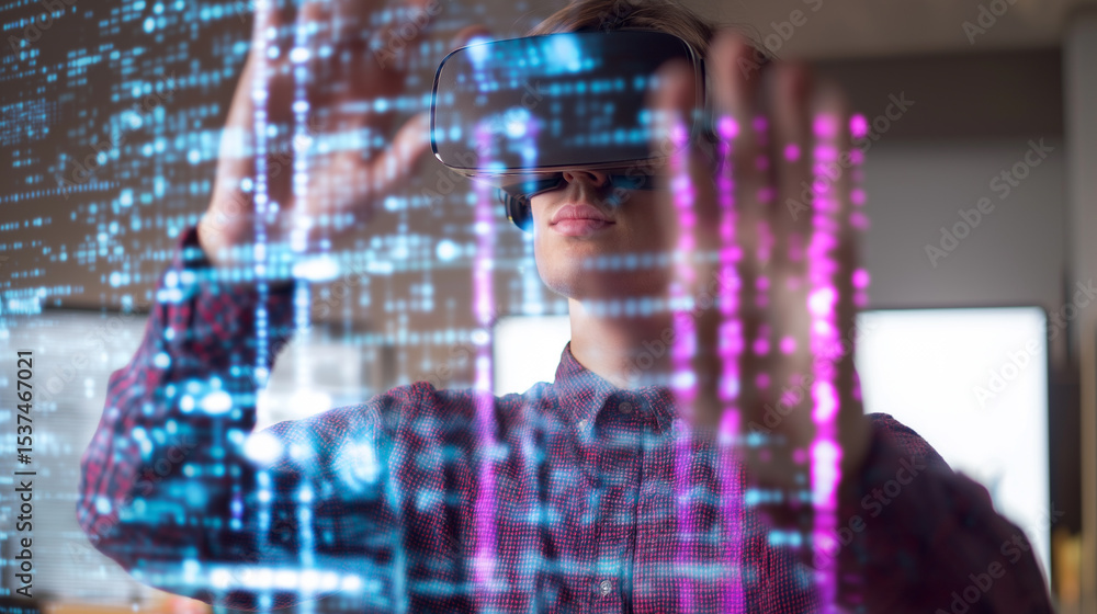 Poster a young man wearing a virtual reality headset interacts with a holographic display of glowing digita