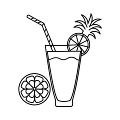 Tropical cocktail garnished with fresh fruit and umbrella on white background Line art