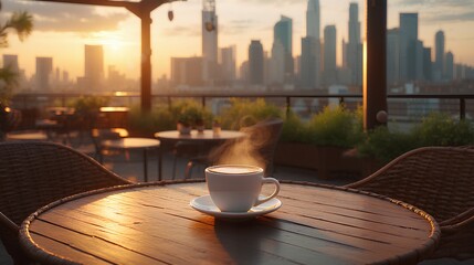 morning coffee with blur cityscape as background.| travel and vacation concept,  Inspiration, Energy, Motivation, Positive Vibes, Tranquility, Calm, Peace