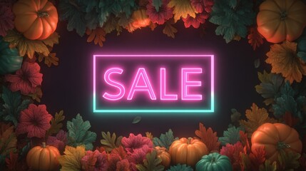 A vibrant neon sale sign is framed by colorful autumn leaves and pumpkins, creating a festive atmosphere perfect for fall promotions and seasonal events.