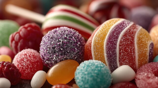 A vibrant collection of various candies is spread out on a table, featuring lollipops, gummies, and colorful spherical sweets. The display creates a festive atmosphere perfect for celebrations.